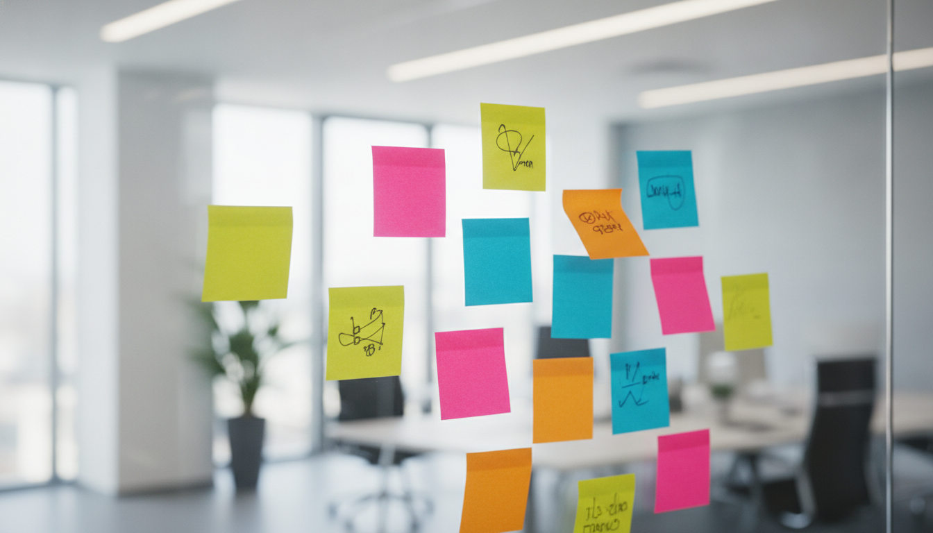Post-its coloridos organizando ideias em um painel de retrospectiva. Fonte: Criação própria com IA