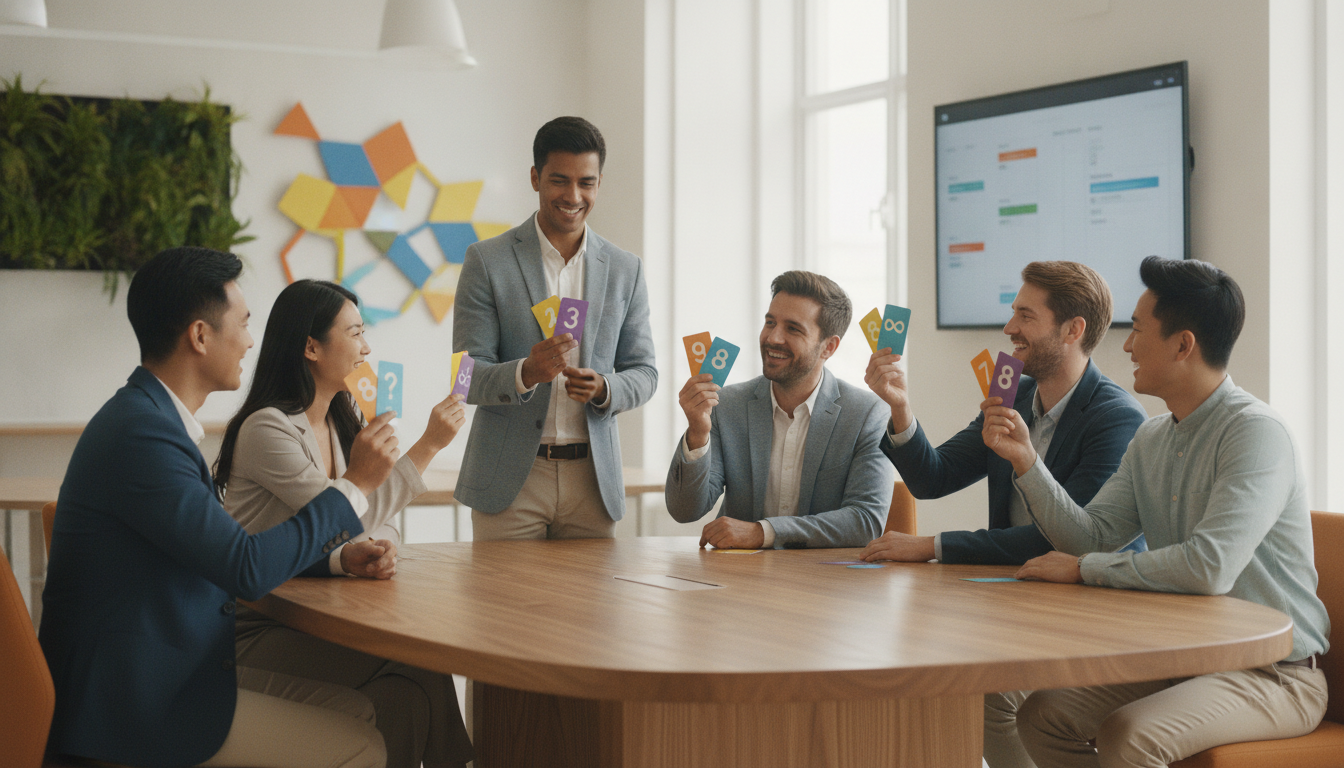 Trabalho em equipe utilizando técnicas de estimativa ágil. Fonte: Criação própria com IA