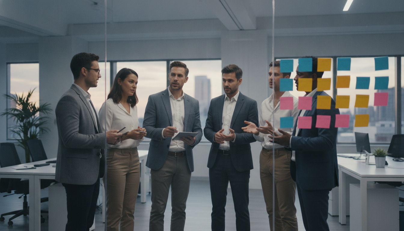 Alinhamento diário do time ágil diante do quadro de tarefas. Fonte: Criação própria com IA