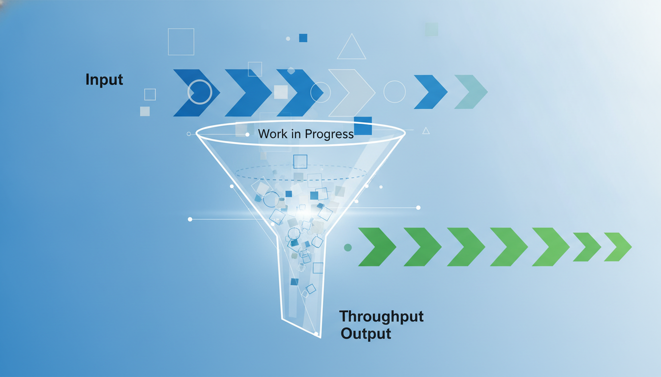 Ilustração do fluxo de trabalho, WIP e throughput. Fonte: Criação própria com IA.